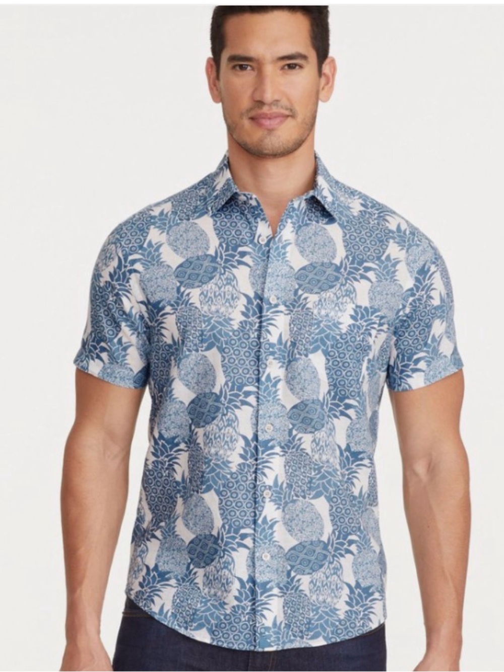 UNTUCKit Yoti Blue Pineapple Print Short Sleeve Shirt Relaxed Fit Linen Cotton